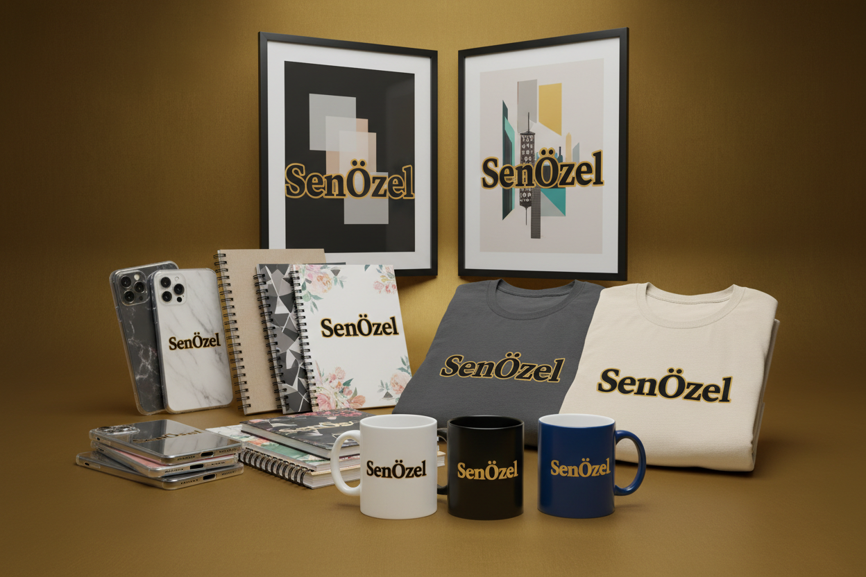 Dijital Baskı ürünler, herbirinin üstünde SenÖzel yazıyor. Arkaplan koyu altın sarısı